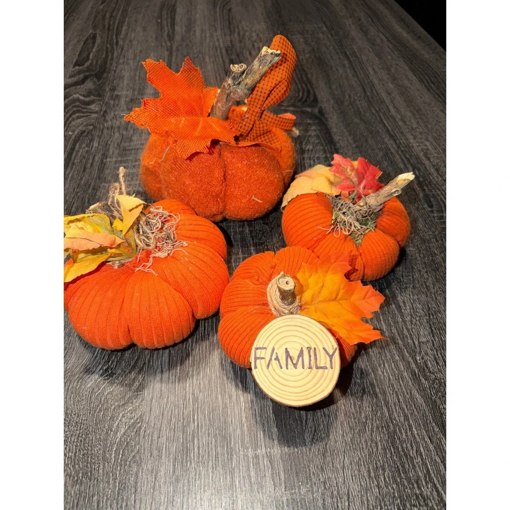 Set of 4 Fabric Pumpkins Autumn Fall Decor Orange Family Wood‎ Slice Accent